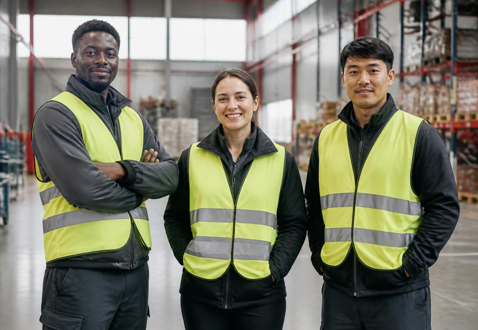 Three warehouse workers in safety vests standing together inside a distribution center